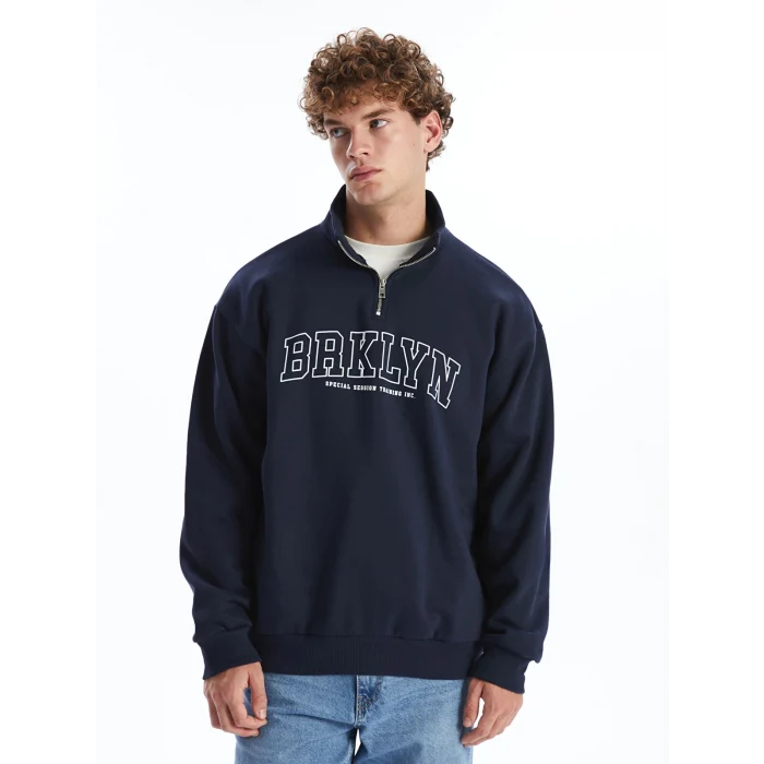 XSIDE Lacivert Dik Yaka Uzun Kollu Baskılı Erkek Kalın Sweatshirt