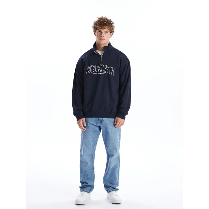 XSIDE Lacivert Dik Yaka Uzun Kollu Baskılı Erkek Kalın Sweatshirt