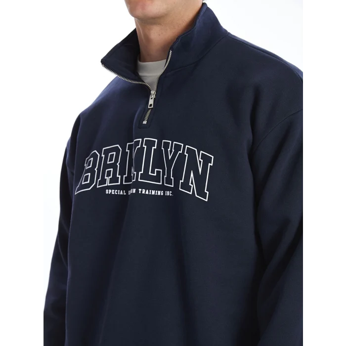 XSIDE Lacivert Dik Yaka Uzun Kollu Baskılı Erkek Kalın Sweatshirt