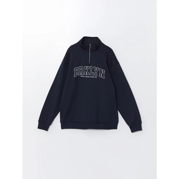 XSIDE Lacivert Dik Yaka Uzun Kollu Baskılı Erkek Kalın Sweatshirt