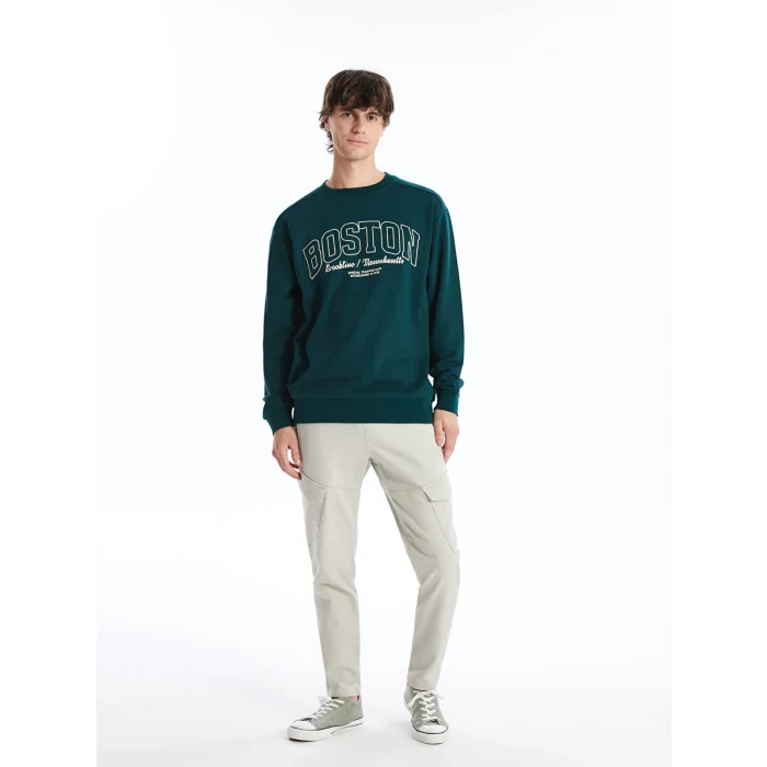 XSIDE Yeşil Bisiklet Yaka Baskılı Erkek Kalın Sweatshirt