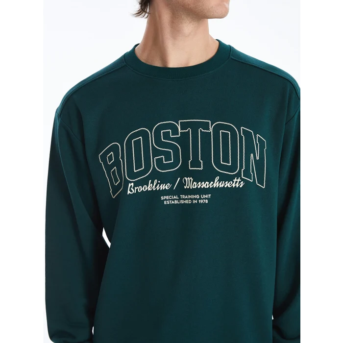 XSIDE Yeşil Bisiklet Yaka Baskılı Erkek Kalın Sweatshirt