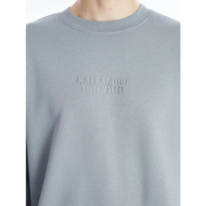 XSIDE Gri Bisiklet Yaka Baskılı Erkek Kalın Sweatshirt