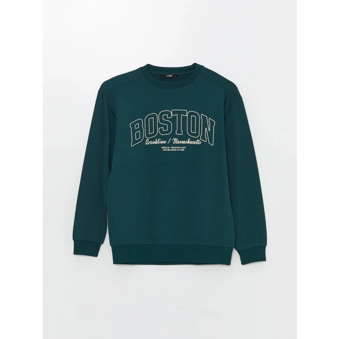 XSIDE Yeşil Bisiklet Yaka Baskılı Erkek Kalın Sweatshirt