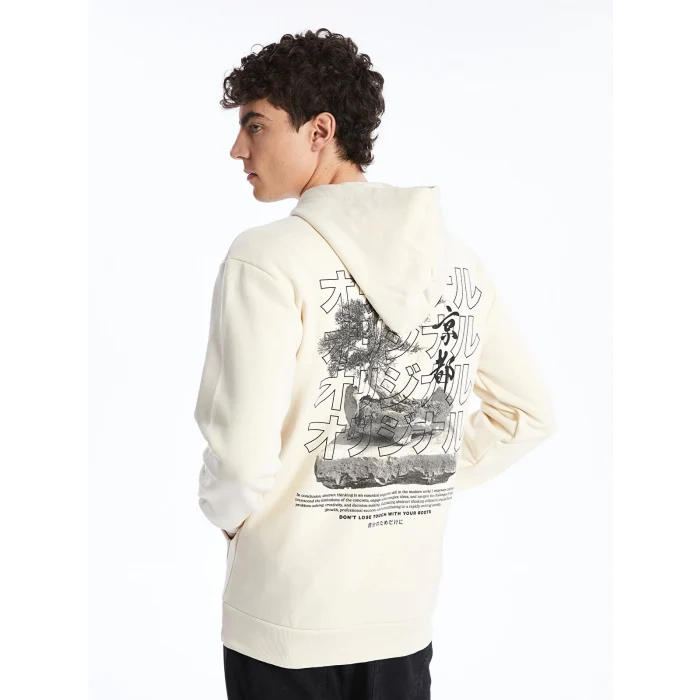 XSIDE Ekru Uzun Kollu Baskılı Erkek Kalın Hoodie