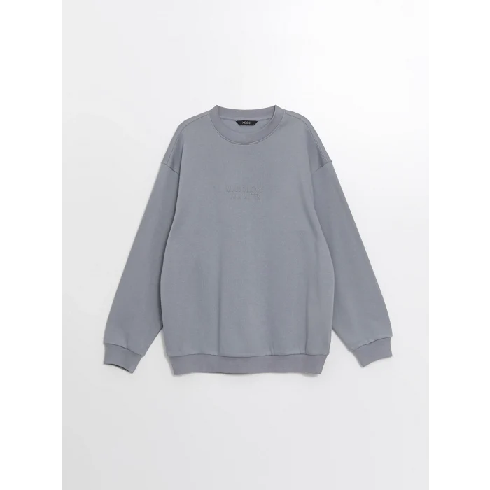 XSIDE Gri Bisiklet Yaka Baskılı Erkek Kalın Sweatshirt