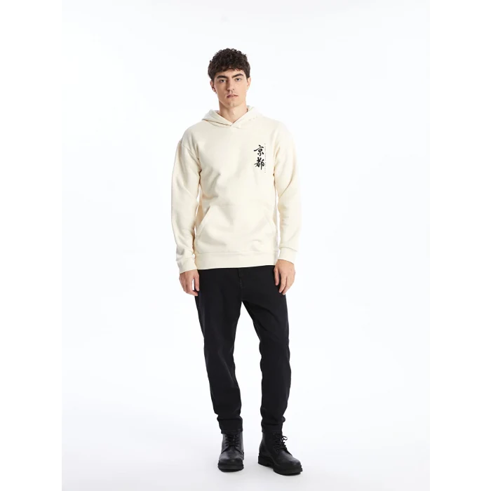 XSIDE Ekru Uzun Kollu Baskılı Erkek Kalın Hoodie