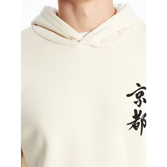 XSIDE Ekru Uzun Kollu Baskılı Erkek Kalın Hoodie