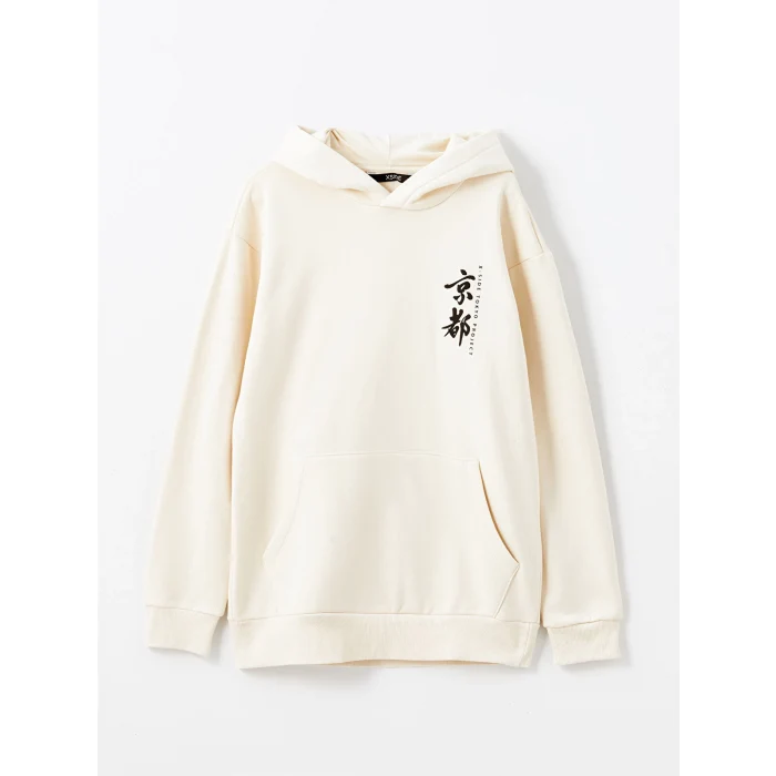 XSIDE Ekru Uzun Kollu Baskılı Erkek Kalın Hoodie