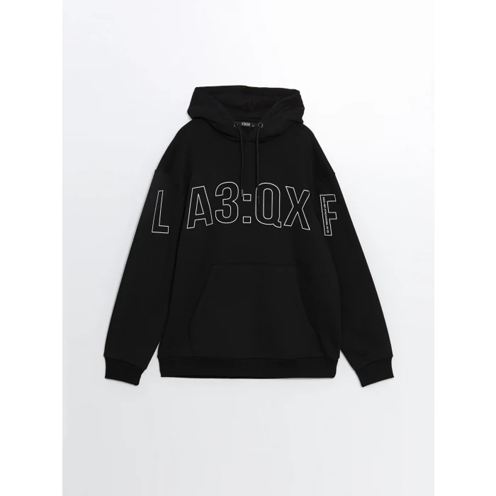 XSIDE Siyah Uzun Kollu Baskılı Erkek Kalın Hoodie