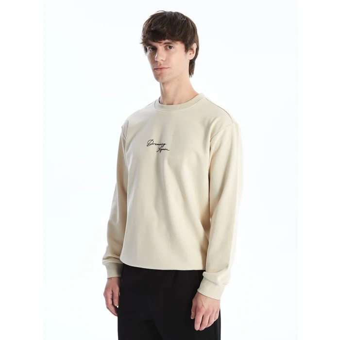 XSIDE Bej Bisiklet Yaka Baskılı Erkek Kalın Sweatshirt
