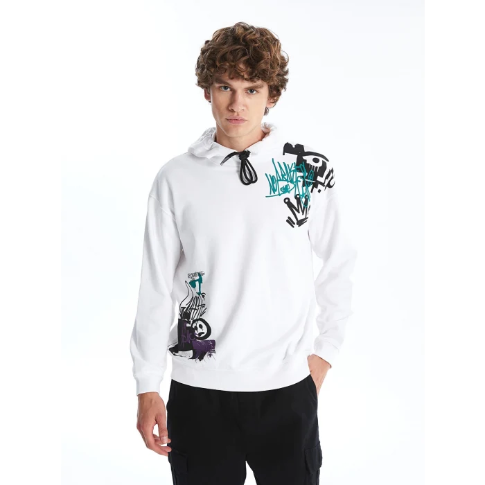 XSIDE Beyaz Uzun Kollu Baskılı Erkek Kalın Hoodie