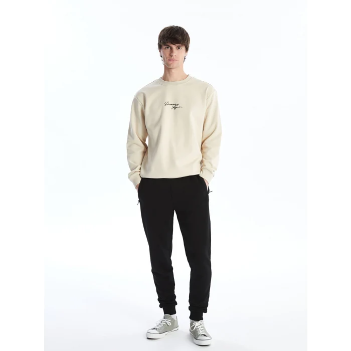 XSIDE Bej Bisiklet Yaka Baskılı Erkek Kalın Sweatshirt