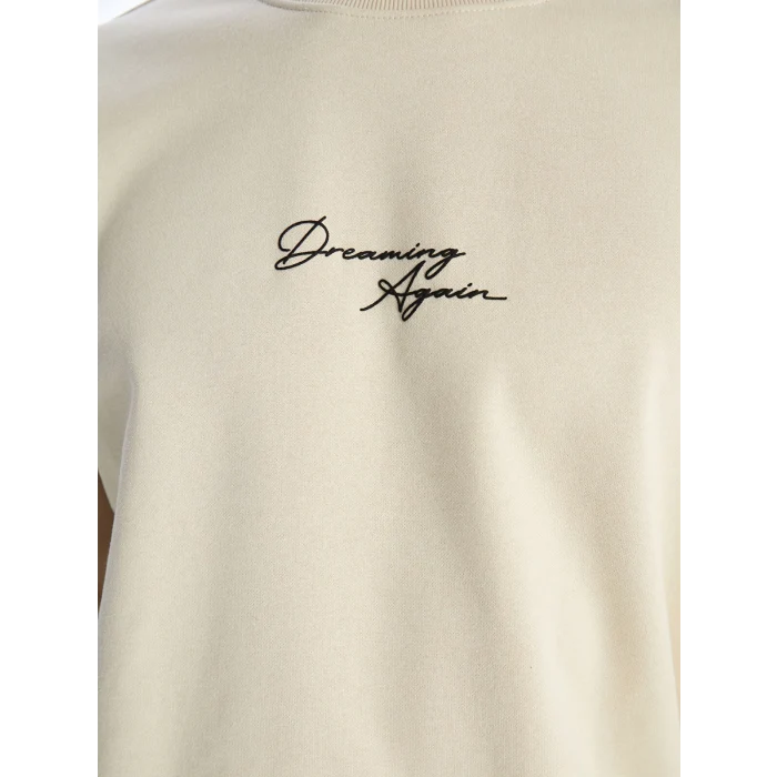 XSIDE Bej Bisiklet Yaka Baskılı Erkek Kalın Sweatshirt