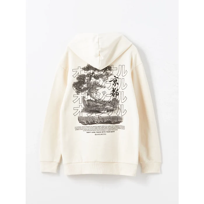 XSIDE Ekru Uzun Kollu Baskılı Erkek Kalın Hoodie