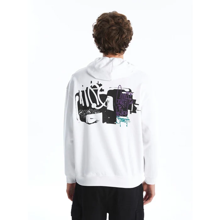XSIDE Beyaz Uzun Kollu Baskılı Erkek Kalın Hoodie