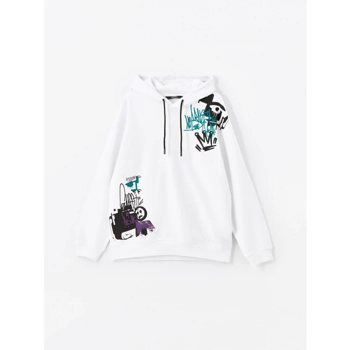 XSIDE Beyaz Uzun Kollu Baskılı Erkek Kalın Hoodie