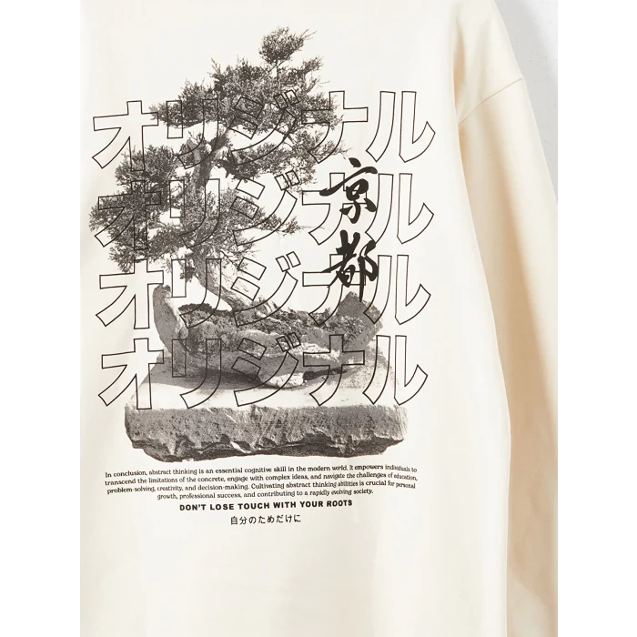 XSIDE Ekru Uzun Kollu Baskılı Erkek Kalın Hoodie