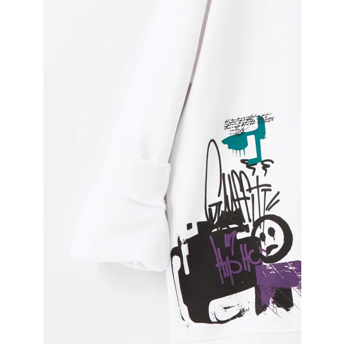 XSIDE Beyaz Uzun Kollu Baskılı Erkek Kalın Hoodie