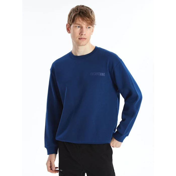 XSIDE Lacivert Bisiklet Yaka Baskılı Erkek Kalın Sweatshirt