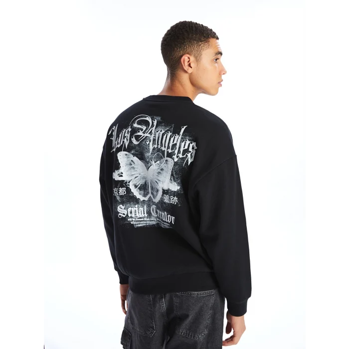 XSIDE Siyah Bisiklet Yaka Baskılı Erkek Kalın Sweatshirt