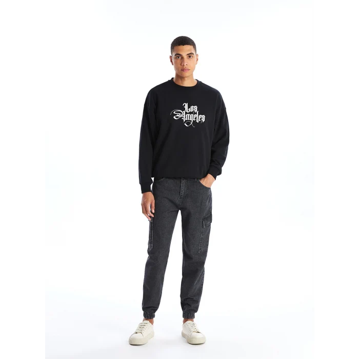 XSIDE Siyah Bisiklet Yaka Baskılı Erkek Kalın Sweatshirt