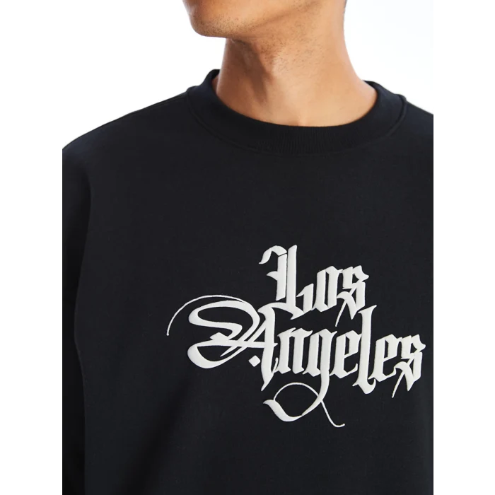 XSIDE Siyah Bisiklet Yaka Baskılı Erkek Kalın Sweatshirt