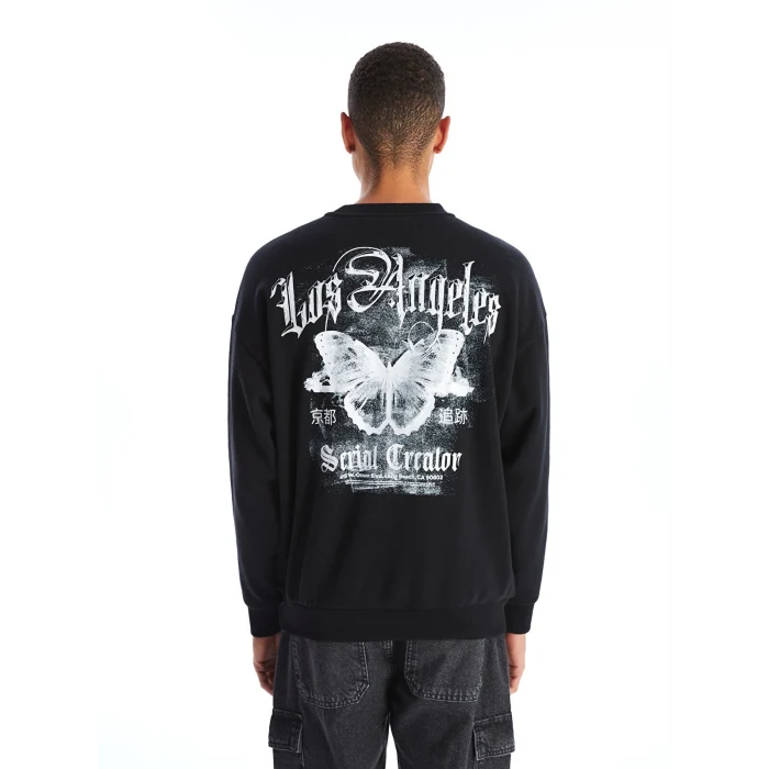 XSIDE Siyah Bisiklet Yaka Baskılı Erkek Kalın Sweatshirt