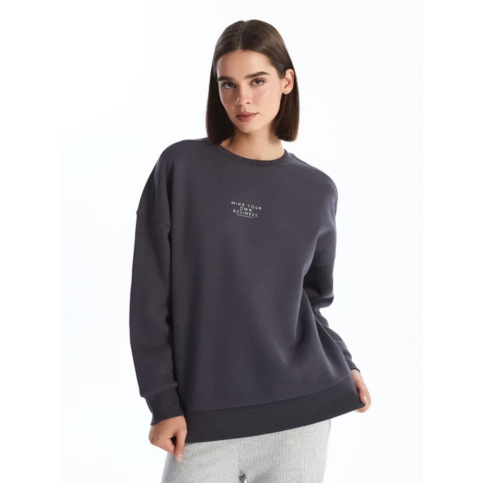 LCW Vision Antrasit Bisiklet Yaka Baskılı Oversize Kadın Kalın Sweatshirt