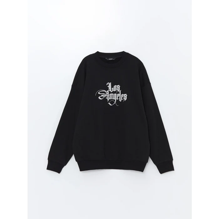 XSIDE Siyah Bisiklet Yaka Baskılı Erkek Kalın Sweatshirt