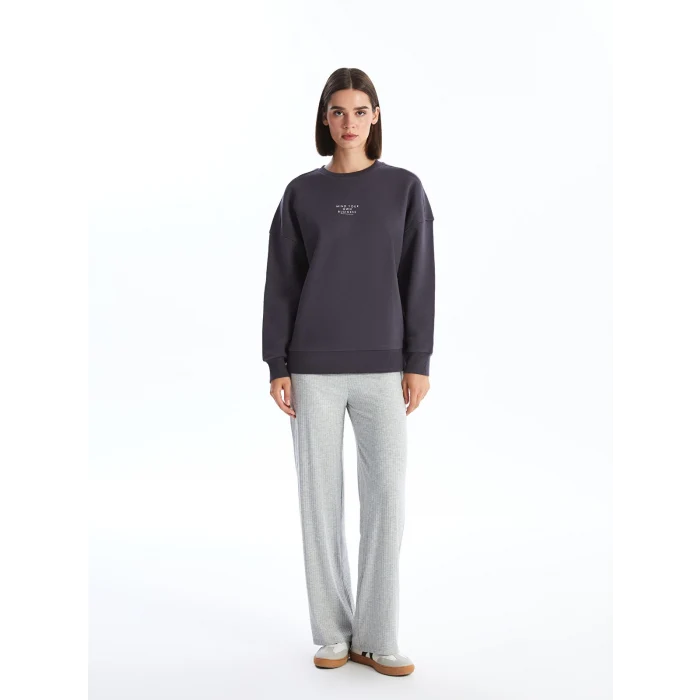 LCW Vision Antrasit Bisiklet Yaka Baskılı Oversize Kadın Kalın Sweatshirt