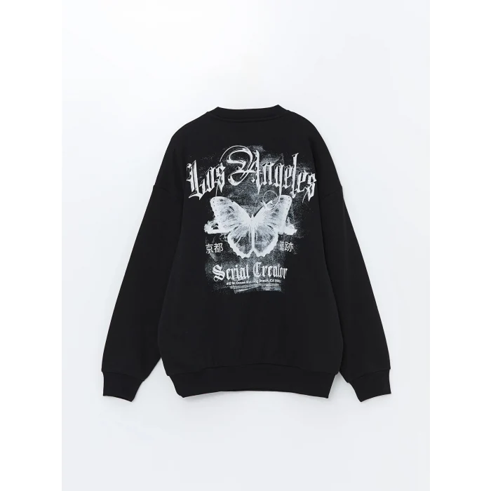 XSIDE Siyah Bisiklet Yaka Baskılı Erkek Kalın Sweatshirt