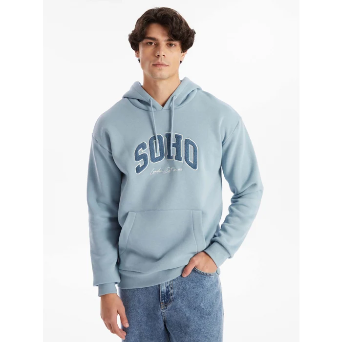 XSIDE Mavi Uzun Kollu Nakışlı Erkek Kalın Hoodie