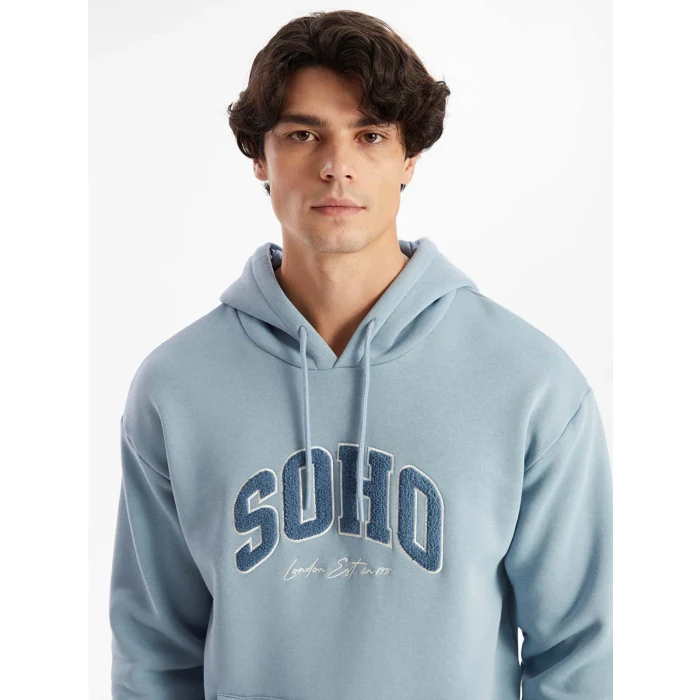 XSIDE Mavi Uzun Kollu Nakışlı Erkek Kalın Hoodie