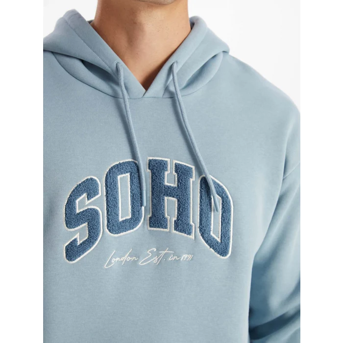 XSIDE Mavi Uzun Kollu Nakışlı Erkek Kalın Hoodie