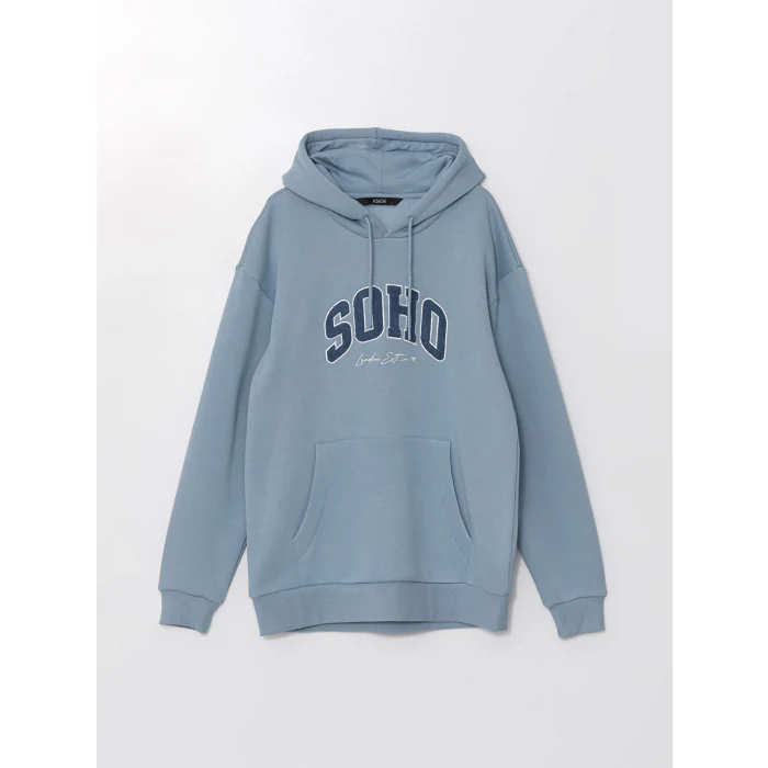 XSIDE Mavi Uzun Kollu Nakışlı Erkek Kalın Hoodie