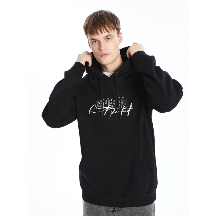 XSIDE Siyah Uzun Kollu Baskılı Erkek Kalın Hoodie