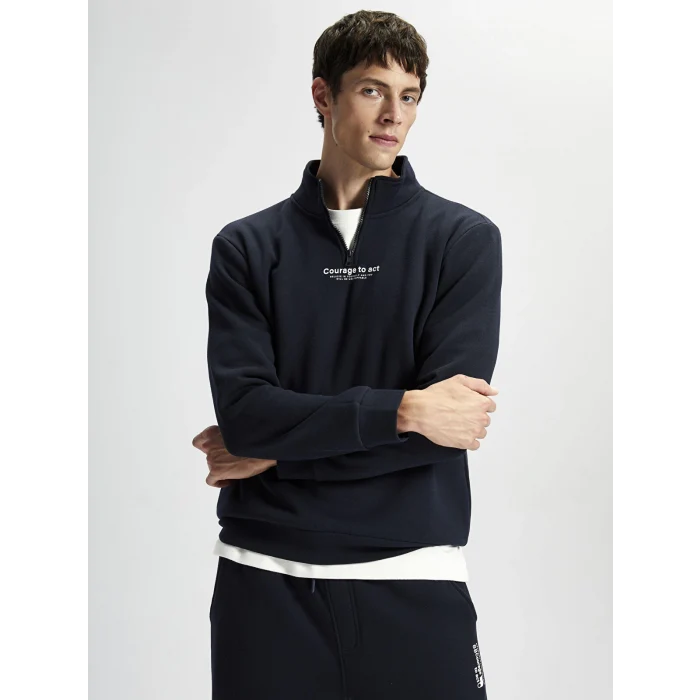 LCWAIKIKI Classic Lacivert Dik Yaka Uzun Kollu Baskılı Erkek Kalın Sweatshirt