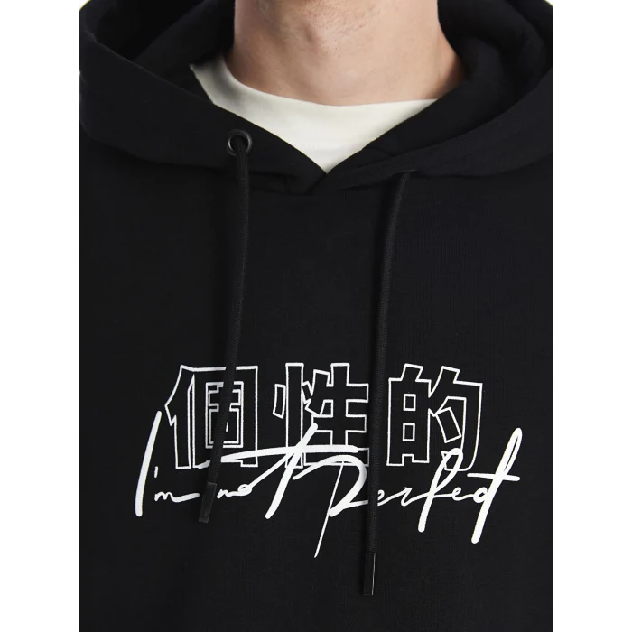 XSIDE Siyah Uzun Kollu Baskılı Erkek Kalın Hoodie