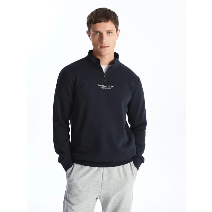 LCWAIKIKI Classic Lacivert Dik Yaka Uzun Kollu Baskılı Erkek Kalın Sweatshirt