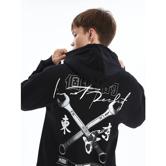 XSIDE Siyah Uzun Kollu Baskılı Erkek Kalın Hoodie