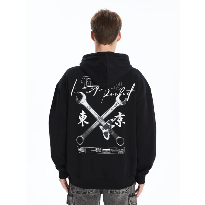 XSIDE Siyah Uzun Kollu Baskılı Erkek Kalın Hoodie