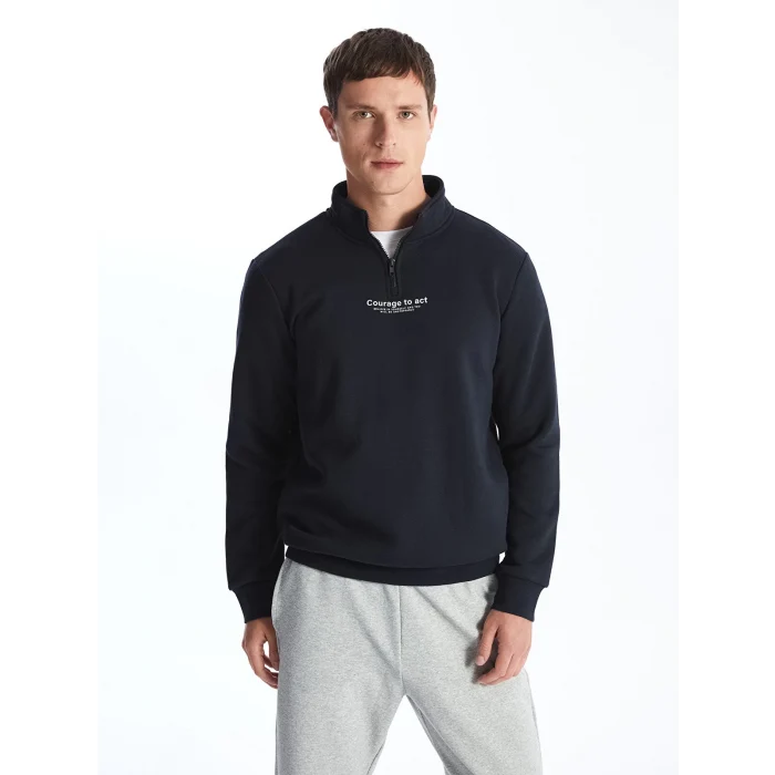 LCWAIKIKI Classic Lacivert Dik Yaka Uzun Kollu Baskılı Erkek Kalın Sweatshirt