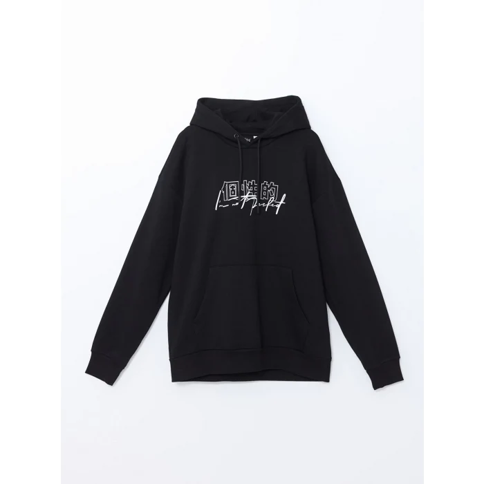 XSIDE Siyah Uzun Kollu Baskılı Erkek Kalın Hoodie