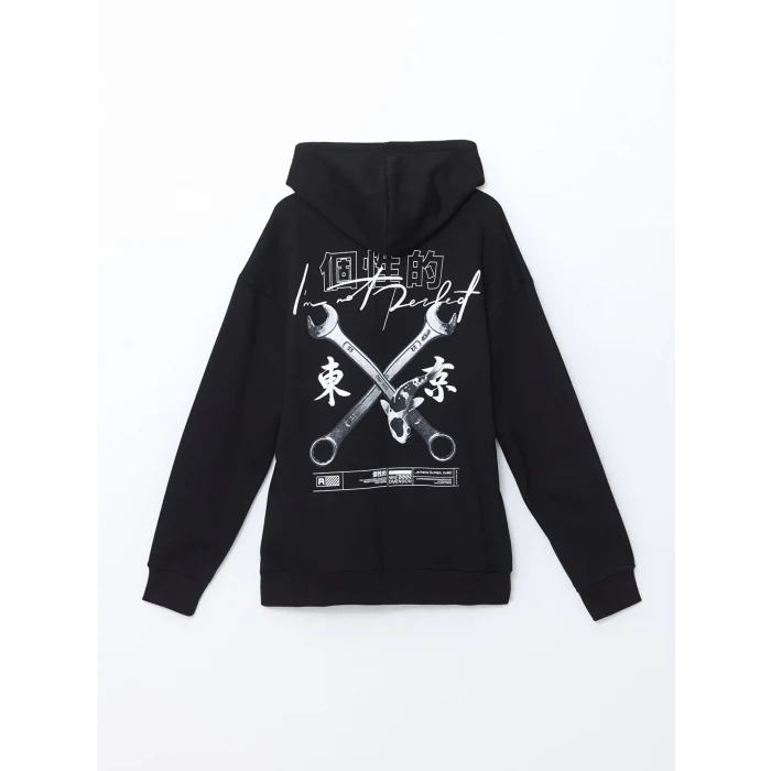 XSIDE Siyah Uzun Kollu Baskılı Erkek Kalın Hoodie