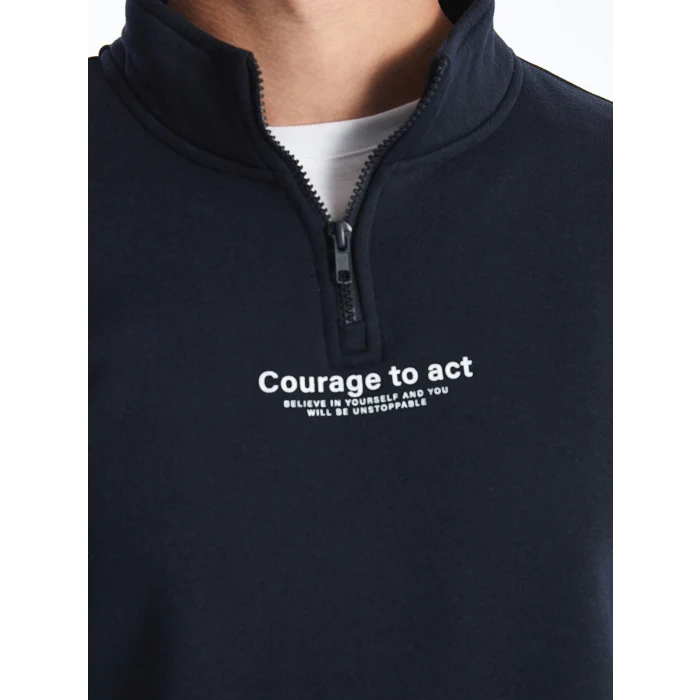 LCWAIKIKI Classic Lacivert Dik Yaka Uzun Kollu Baskılı Erkek Kalın Sweatshirt