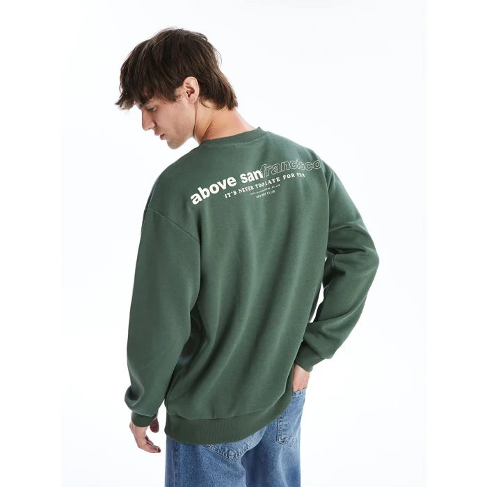 XSIDE Yeşil Bisiklet Yaka Baskılı Erkek Kalın Sweatshirt