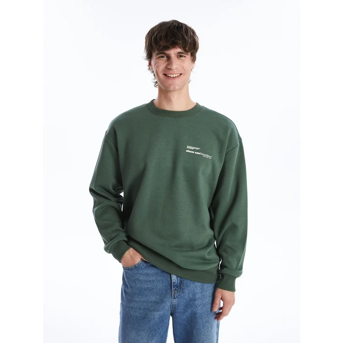 XSIDE Yeşil Bisiklet Yaka Baskılı Erkek Kalın Sweatshirt