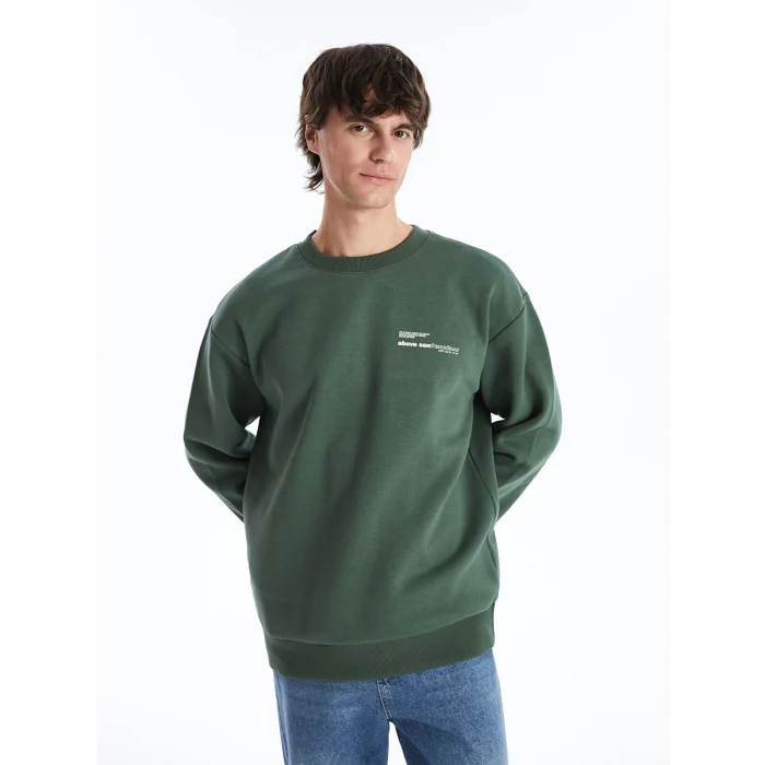 XSIDE Yeşil Bisiklet Yaka Baskılı Erkek Kalın Sweatshirt