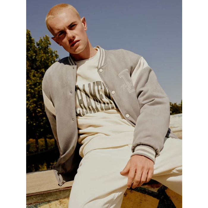 XSIDE Bej Bisiklet Yaka Baskılı Erkek Kalın Sweatshirt